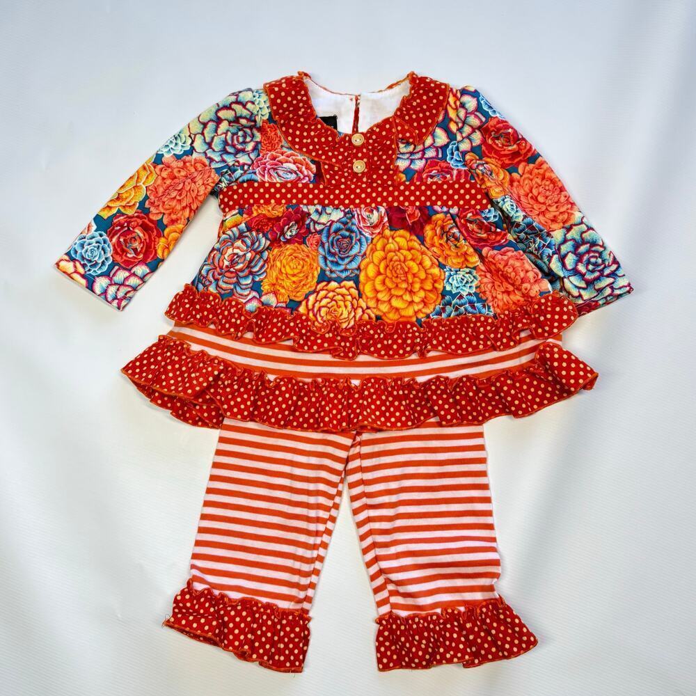 Isobella & Chloe Mixed Pattern Succulent Ruffle Set Top Pants Size Girls 9 mo
